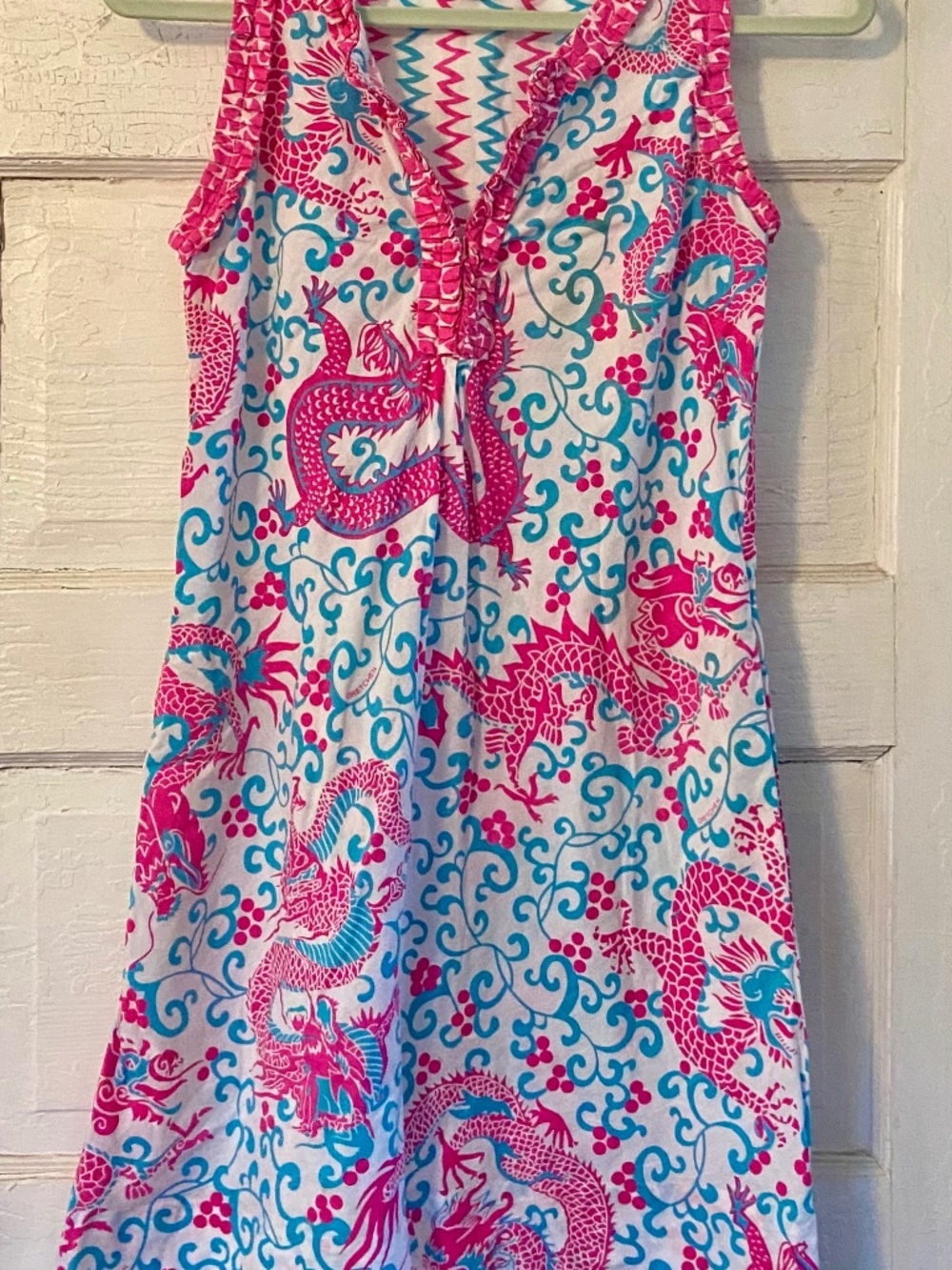 Gretchen Scott  Dragon Tunic Dress Shift A line Ruffles shrimp XS  pockets
